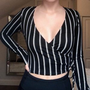Black & White Striped V-Neck Wrap Top